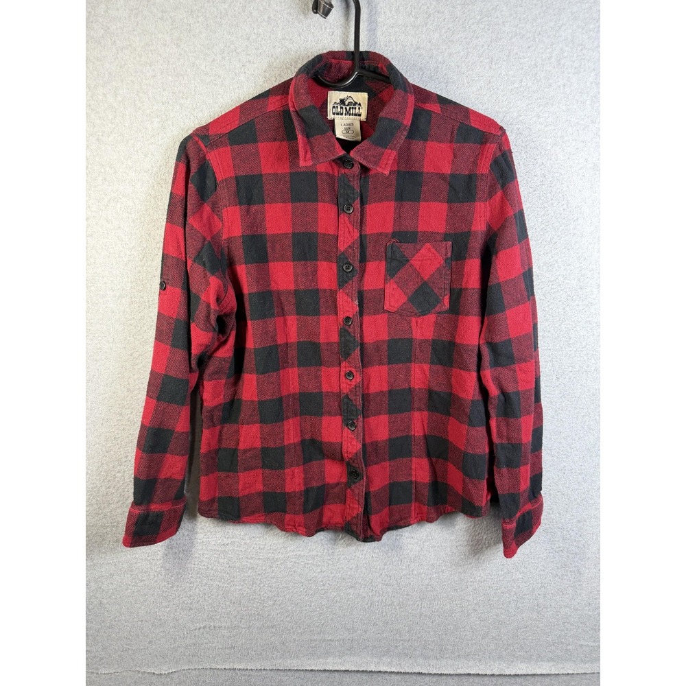 Old Mill Shirt Womens Medium Red Black Plaid Flannel Long Sleeve Button Up Top